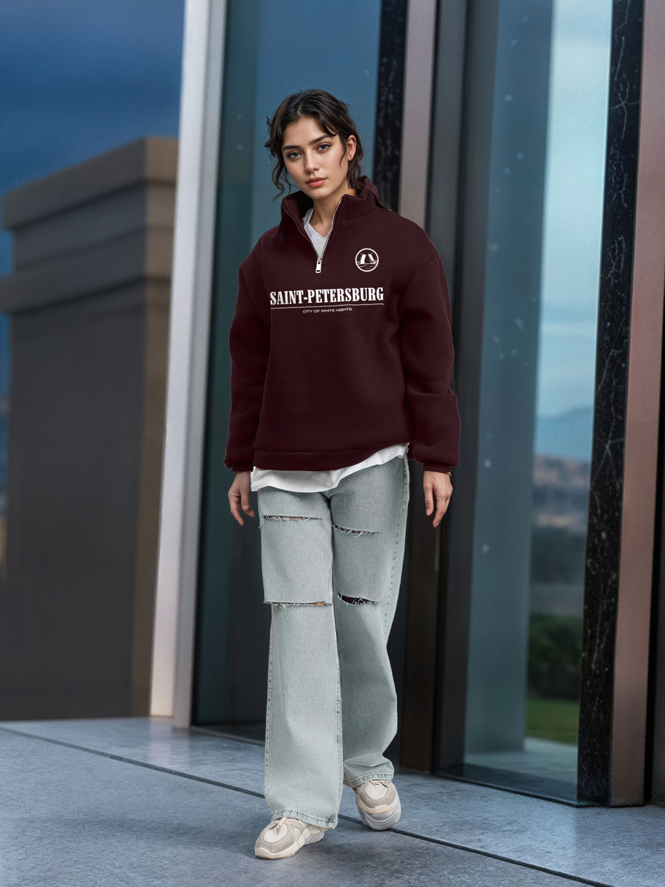 Толстовка женская с зип-воротником "Saint Petersburg" бордо