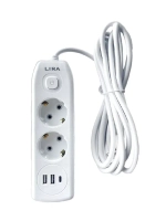 Удлинитель LIRA LRI122W, 2 розетки с заземлением и выключателем, 2xUSB, 1xTypeC, длина 2м, 16А
