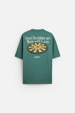 ZARA ФУТБОЛКА С КОНТРАСТНЫМ ПРИНТОМ, ЗЕЛЕНЫЙ