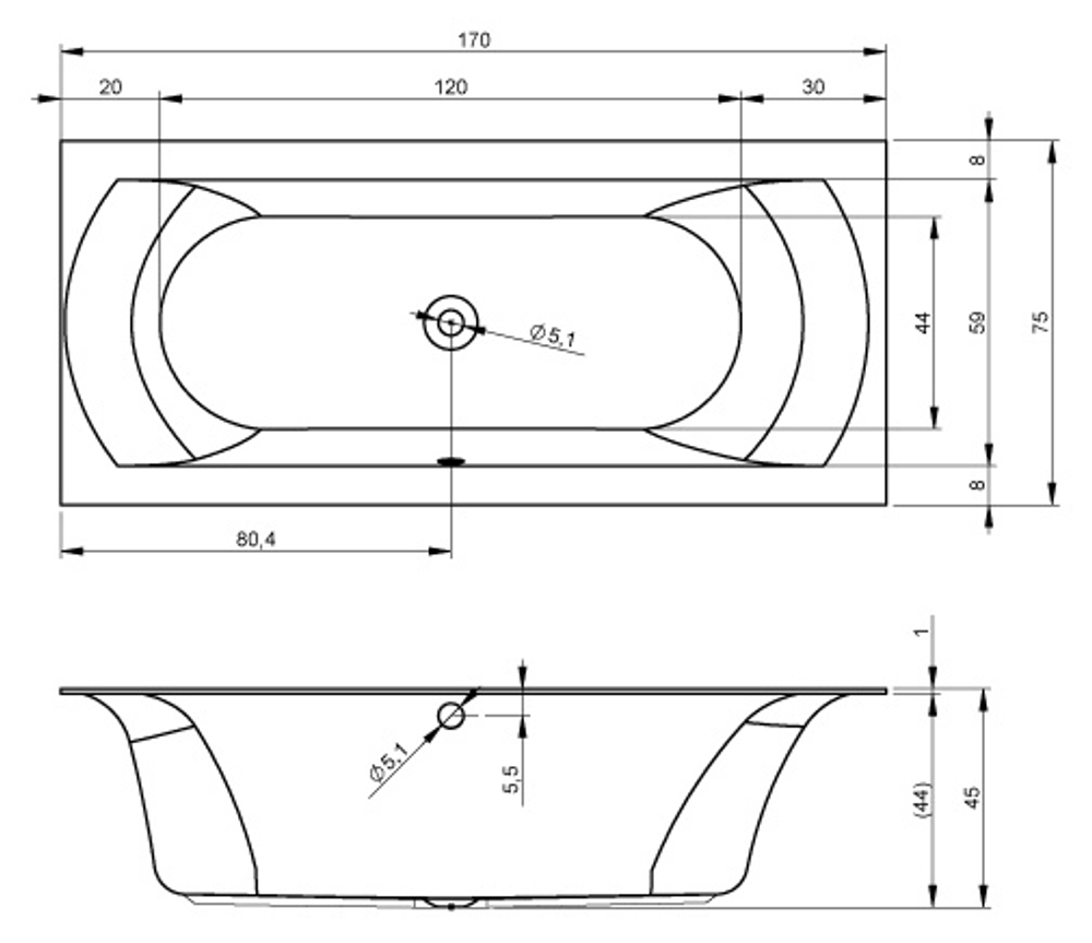 Акриловая ванна Riho LINARES R 170x75  (c тоник бортом)