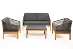 "Канны" лаунж-зона 4-местная из роупа со столиком "Канны" (серый гранит), основание дуб, роуп коричневый