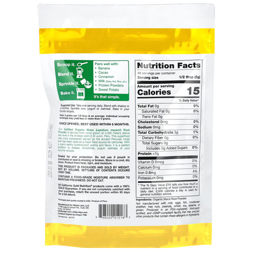 California Gold Nutrition, Superfoods, порошок из корня сертифицированной органической перуанской маки, 240 г (8,5 унции)