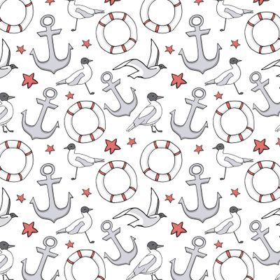 Морской принт с чайками, якорями и спасательными кругами