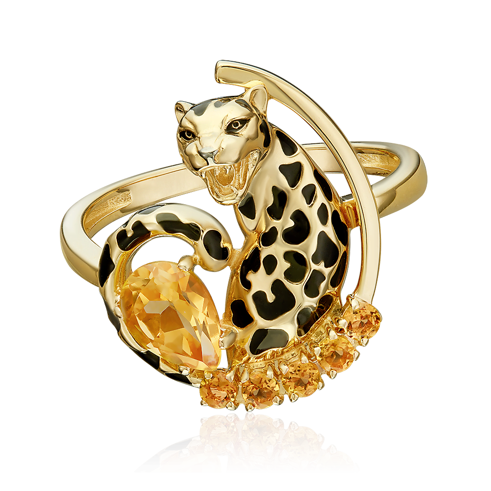 Кольцо «Леопард» из лимонного золота с цитринами и эмалью