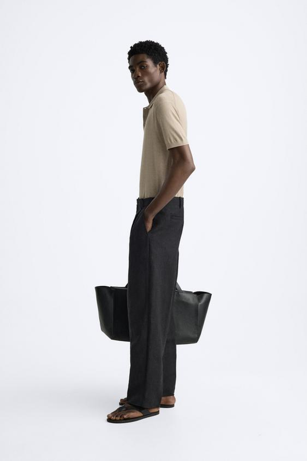 ZARA ТРИКОТАЖНОЕ ПОЛО ИЗ ХЛОПКА И ШЕЛКА, БЕЖЕВЫЙ