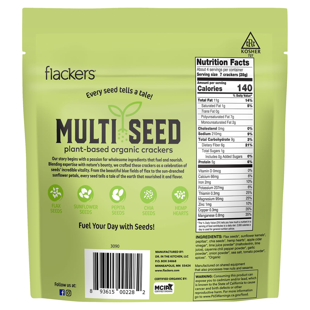 Flackers, Multi Seed, органические крекеры на растительной основе, пряный перец чили и лайм, 113 г (4 унции)