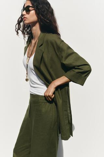 ZARA БРЮКИ ИЗ СМЕСОВОГО ЛЬНА С ШИРОКИМИ ШТАНИНАМИ, ТЕМНЫЙ ХАКИ