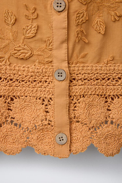 ZARA ТРИКОТАЖНЫЙ ТОП ИЗ КРУЖЕВА КРОШЕ С ВЫШИВКОЙ «ЛИСТЬЯ», ЧЕРЕПИЧНЫЙ