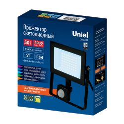 ULF-F62-50W-6500K SENSOR IP54 200-240В BLACK Прожектор светодиодный с датчиком движения и освещенности. Дневной свет 6500K. Корпус черный. TM Uniel