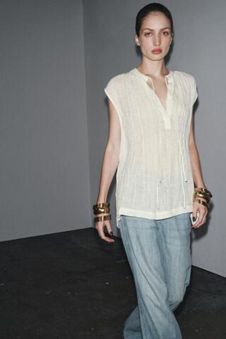 ZARA БЛУЗА С ЗАВЯЗКАМИ ZW, ЖЕЛТОВАТО-БЕЛЫЙ