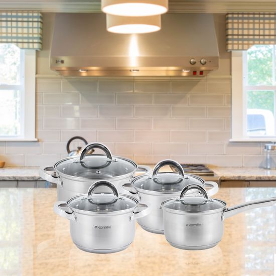 Набор посуды 8 предметов из нержавеющей стали Kamille КМ-5632S (ковш 1,8 л; кастрюли 2,5 л; 3,8 л; 5,8 л)