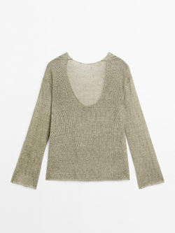 Massimo Dutti Свитер из смесового льна с глубоким V-образным вырезом на спине - Studio, светло-зеленый