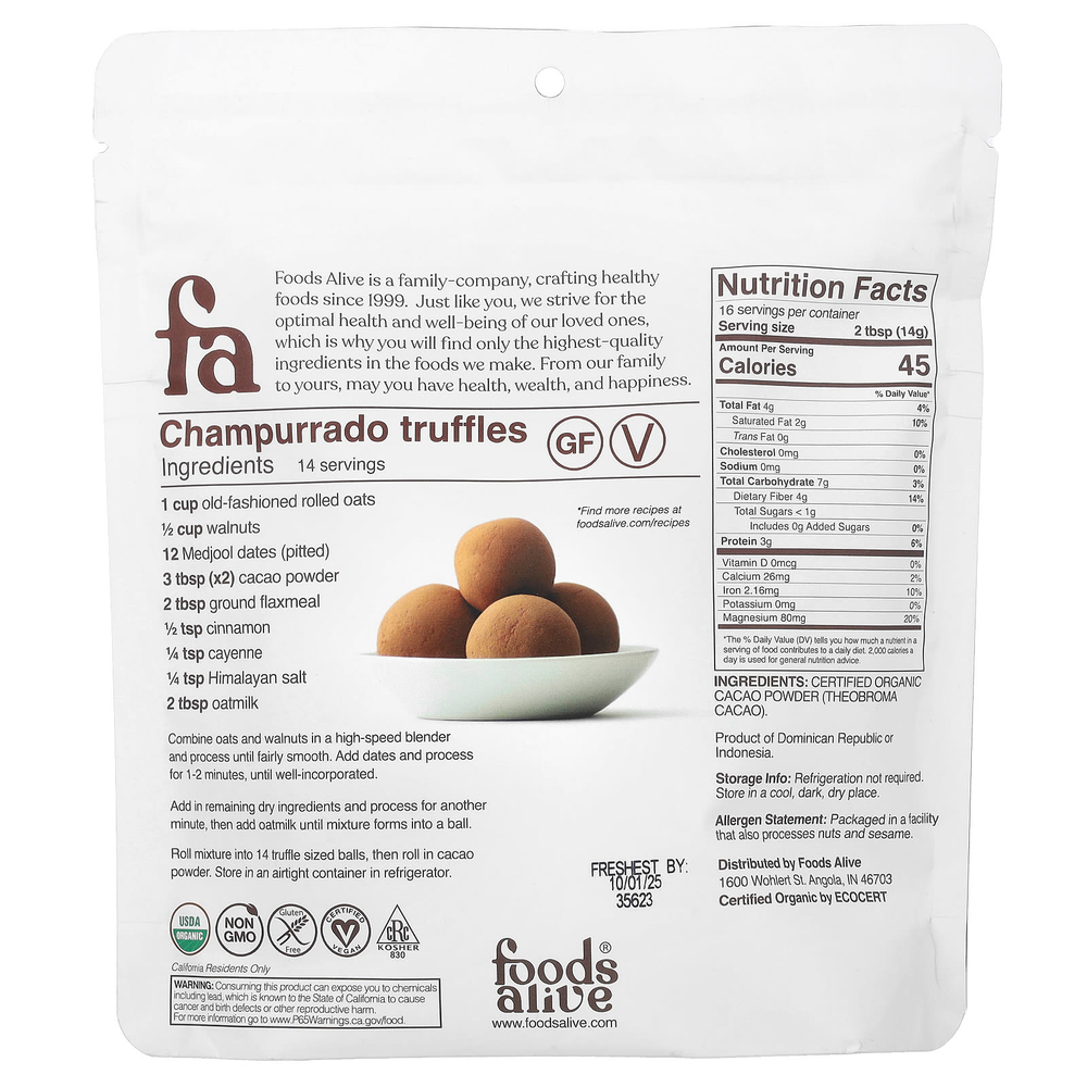 Foods Alive, Какао в порошке, 227 г (8 унций)