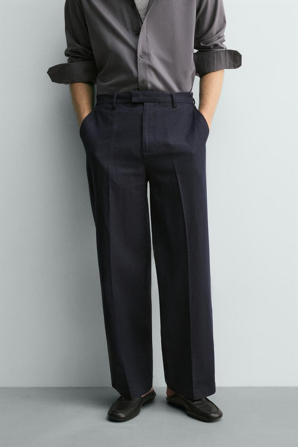 ZARA БРЮКИ RELAXED FIT ИЗ ХЛОПКА И ЛЬНА, МОРСКОЙ СИНИЙ