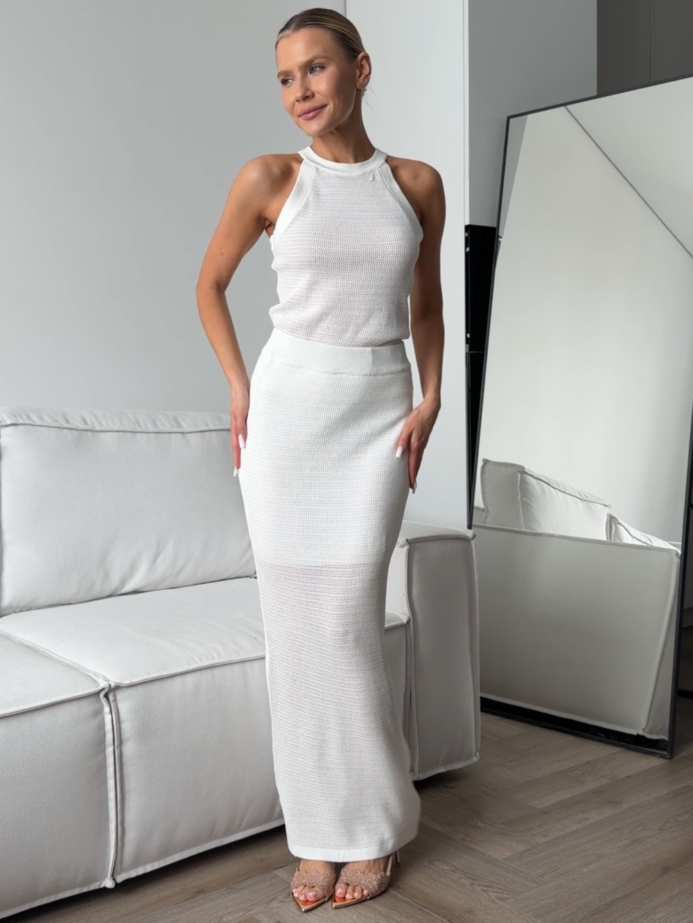 Комплект вязаный, базовый, топ и длинная юбка