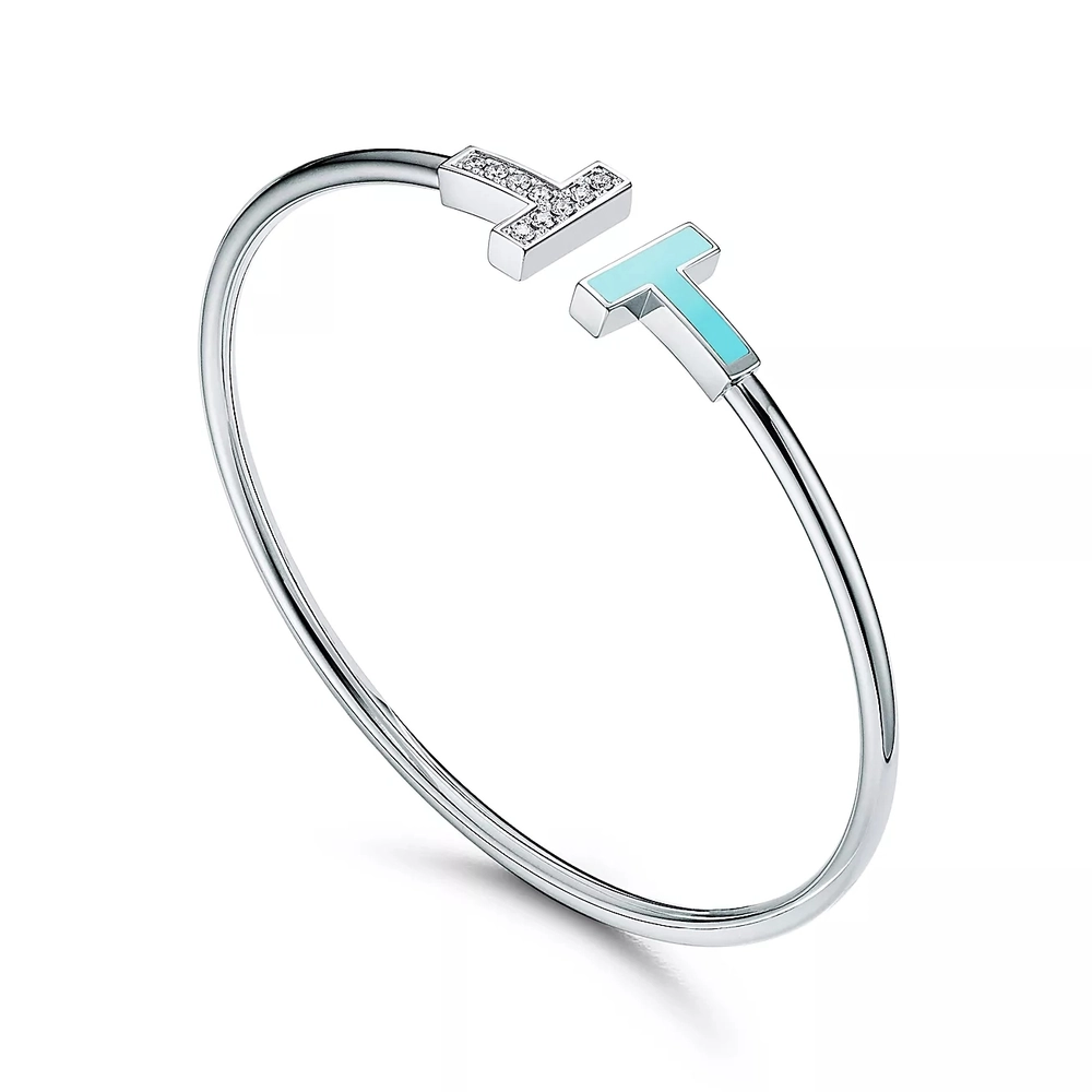 Браслет из белого золота18 k, с бриллиантами и бирюзой, Tiffany 💙 T wire diamond, В наличии