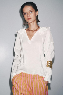 ZARA РУБАШКА ИЗ СМЕСОВОГО ЛЬНА И ШЕЛКА — ZW COLLECTION, ЖЕЛТОВАТО-БЕЛЫЙ