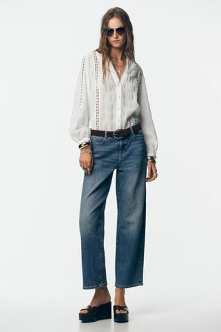 ZARA БЛУЗКА С ВЫШИВКОЙ ПЛИССЕ, БЕЛЫЙ