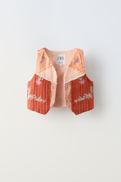 ZARA ЖИЛЕТ В СТИЛЕ ПЭЧВОРК С ВЫШИВКОЙ, МЯГКИЙ ОРАНЖЕВЫЙ