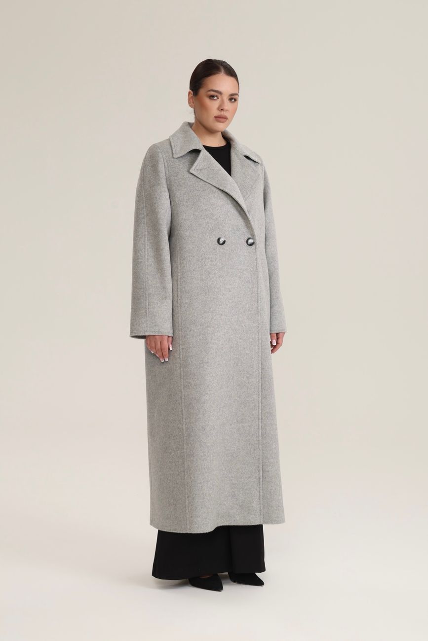 Пальто двубортное с отстрочкой, светло-серый