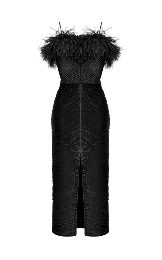 Платье миди драпированное с бахромой