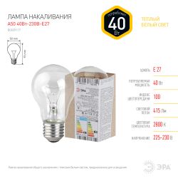 Лампа накаливания ЭРА Б 230-40-E27-Г 40Вт 230В груша прозрачная в гофре E27