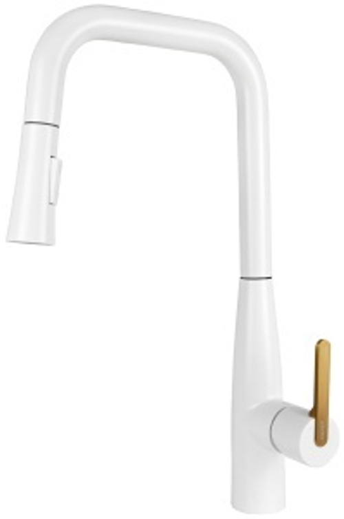 Смеситель KAISER Claro для кухни с вытяжной лейкой Ø35 /Латунь /Белый матовый и шлифованное золото