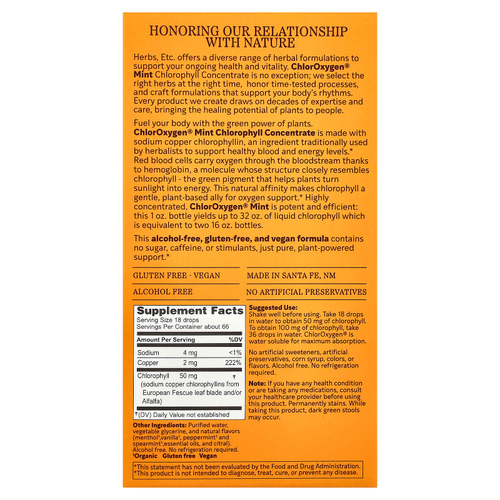 Herbs Etc., ChlorOxygen®, концентрат хлорофилла, без спирта, мята, 30 мл (1 жидк. Унция)