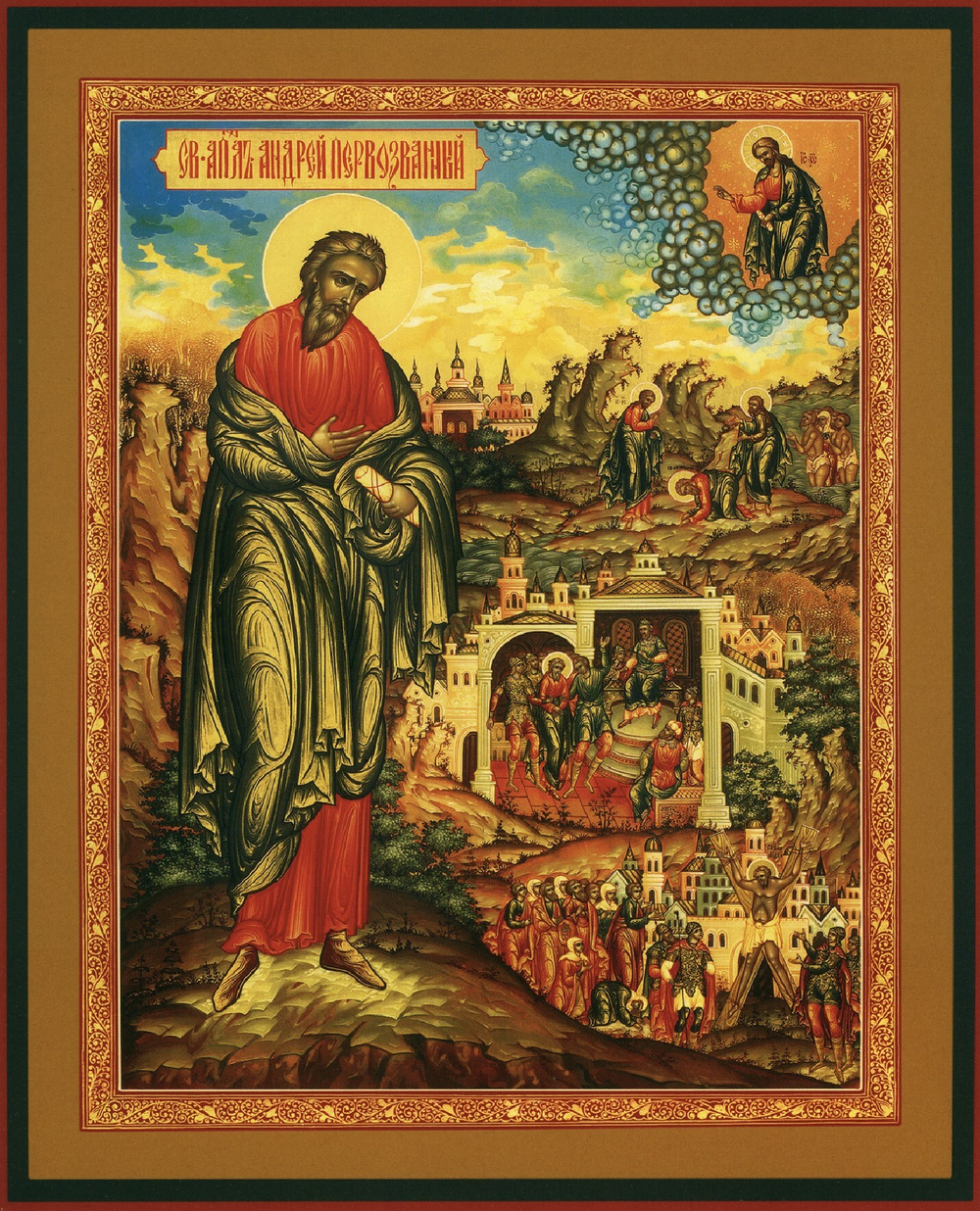 Андрей Первозванный святой Апостол со сценами жизни. Деревянная икона на левкасе