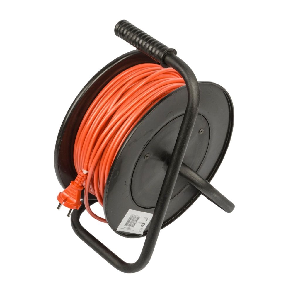 YX10-004 -UCK-4N-2x1.00-40M-S ORANGE-BLACK Удлинитель силовой на пластиковой катушке. б-з. 4 гнезда. 40м ПВС 2х1. 10A. Оранжевый-черный. TМ Uniel