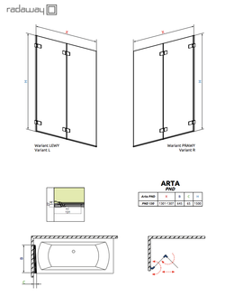 Шторка на ванну Radaway Arta PND 130x150 левая, крепится слева схема
