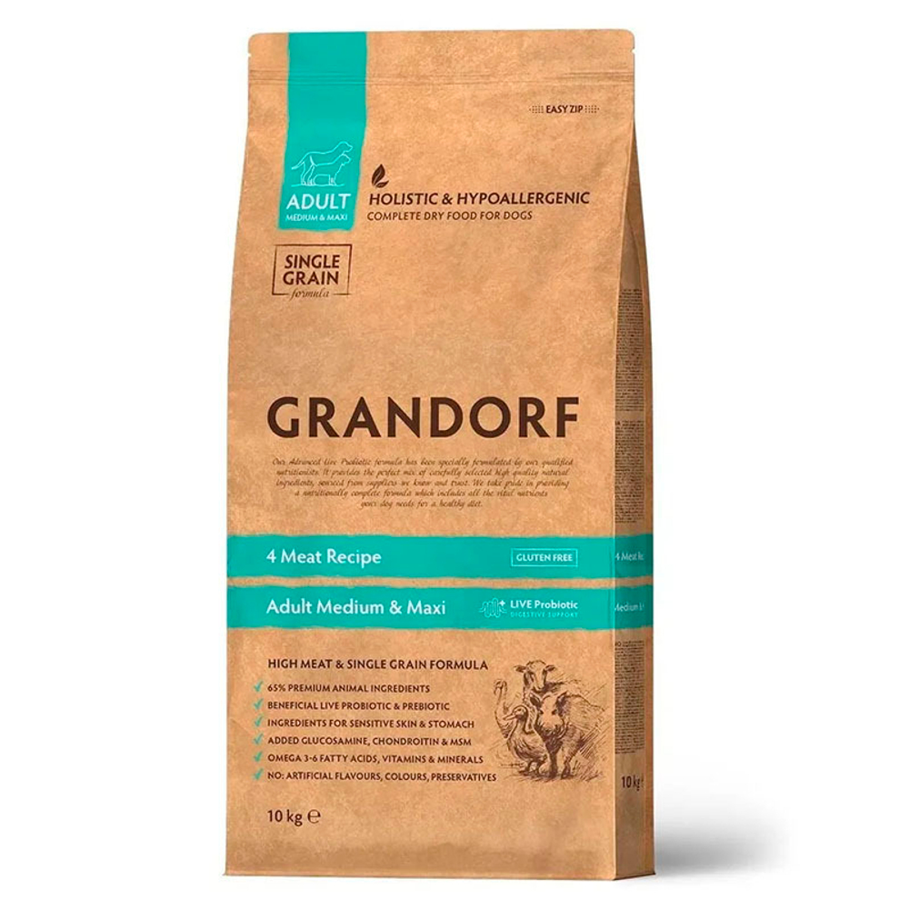 Сухой корм Grandorf Dog 4 Meat PROBIOTIC MED&MAX для средних и крупных собак с пробиотиком 10 кг