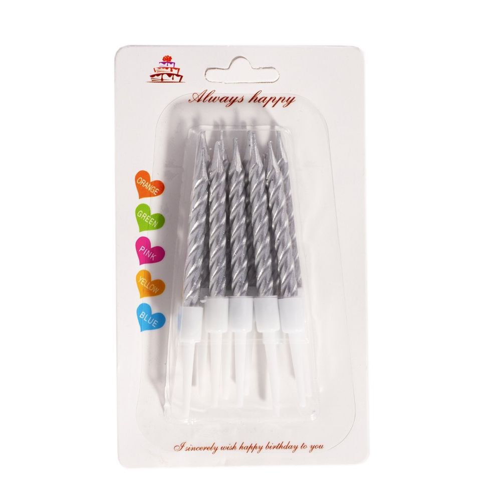 Набор свечей для торта Alingar, 7 см, 10 шт., с подставками. "Металлик" серебро