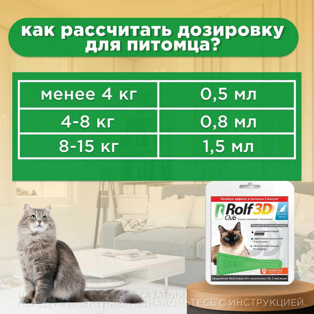 Капли для кошек до 4кг от клещей, блох и комаров Rolf 3D Club, 1 пипетка Фипронил/Этофенпрокс/Пирипроксифен,