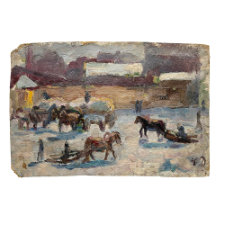 Динес Ю. С. Зимний посад с повозками. Этюд. Картон, масло. 1946 г.
