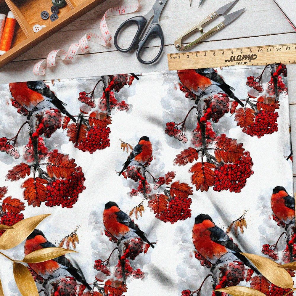 Ткань бязь снегири на рябине