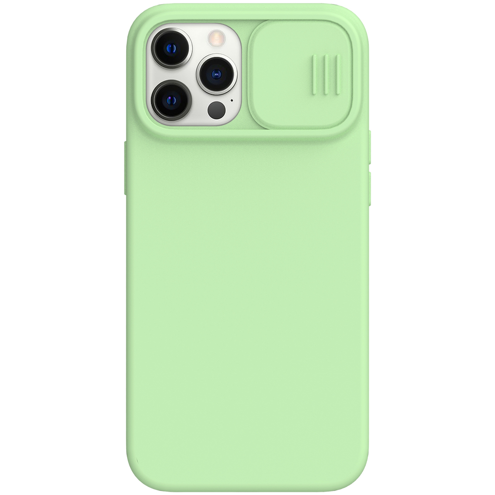 Чехол зеленого цвета (Matcha Green) от Nillkin для iPhone 12 Pro Max, мягкое шелковистое покрытие силикона, серия CamShield Silky Magnetic Silicone c поддержкой беспроводной зарядки MagSafe