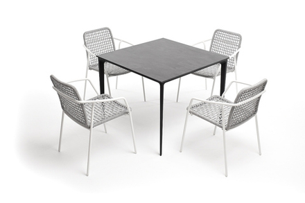"Малага" обеденная группа на 4 персоны со стульями "Тунис", каркас белый, роуп светло-серый