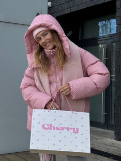 Пуховик Рокет миди розовый в полоску