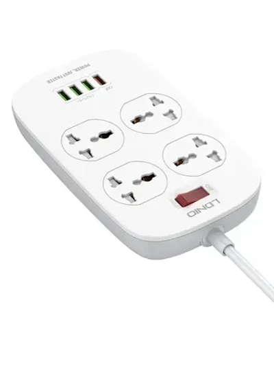 LDNIO cетевой фильтр с умной зарядкой, модель SC4407Q, 2 метра, 4 USB, тройник разветвитель с заземлением и выключателем, белый