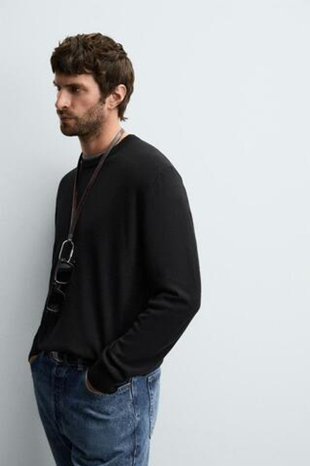 ZARA ШЕРСТЯНОЙ СВИТЕР КЛАССИЧЕСКОГО КРОЯ, ЧЕРНЫЙ