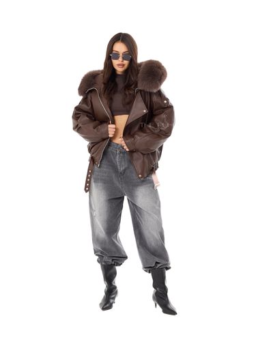 Шоколадный пуховик из эко-кожи с капюшоном