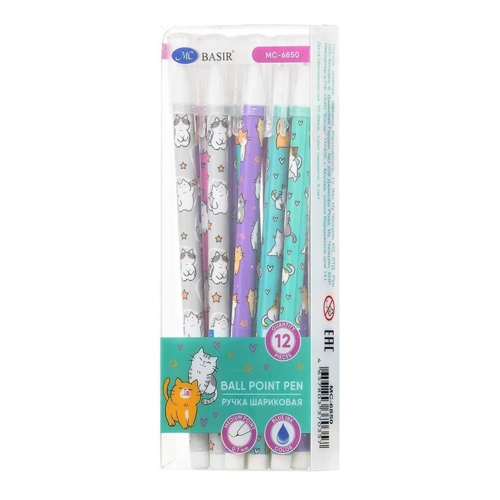 Ручка шариковая, Basir, синие чернила, серия "КОШКИ", разноцветный корпус, 12 шт