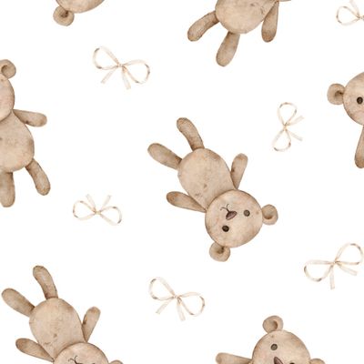 Плюшевые мишки и бантики, акварельные игрушки, нейтральные тона