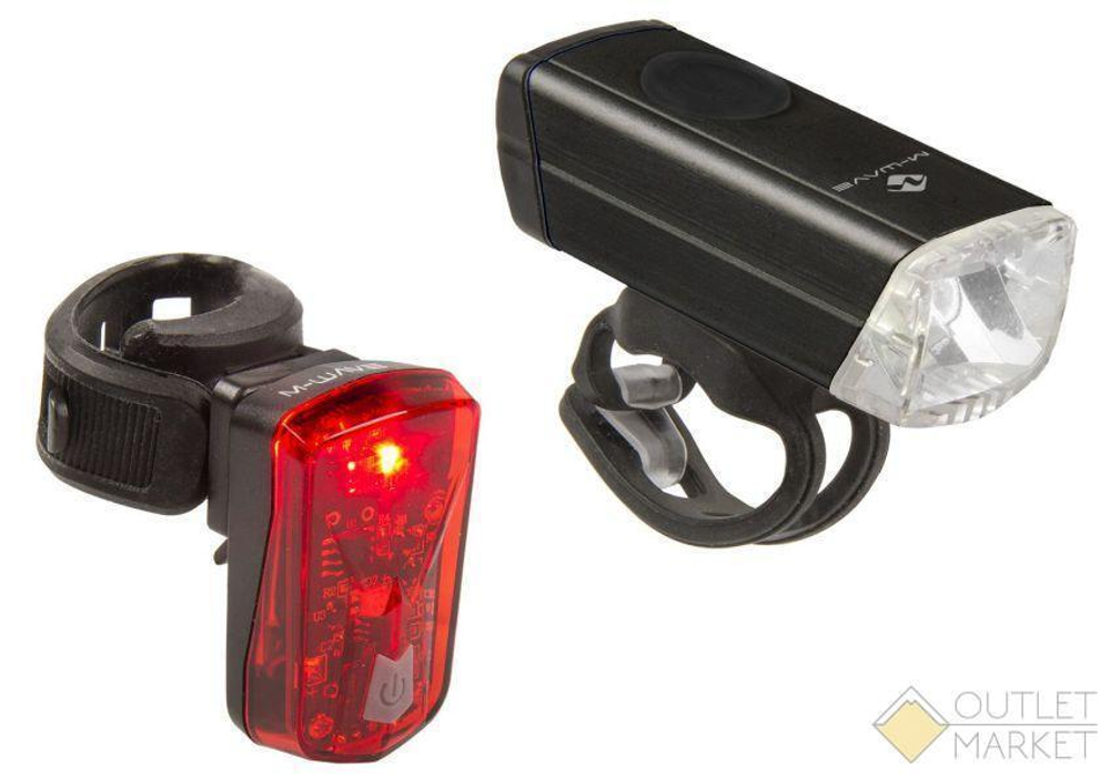 Фара с фонарём M-WAVE Li-Ion АКБ USB-зарядка 1 диод 1W 20люкс/95люм/3ф алюминий и 1 диод 0,5W/2ф красный
