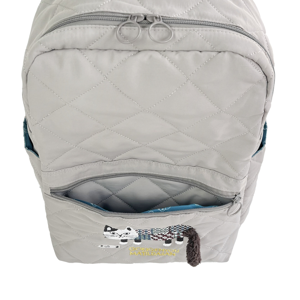 Стеганный рюкзак с кошкой "MATILDASan", серый, 25-8694-1, KUSUGURU