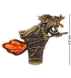 AM-2078 Брошь «Бабуся Ягуся» (латунь, янтарь)