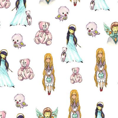 Акварельный паттерн, куколки и мишки