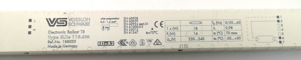 Пускорегулирующий аппарат Vossloh Schwabe ElXe 118.520 188020 T8 1x18W 220V (--)