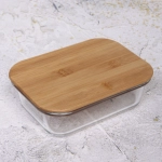 Контейнер стеклянный 600мл «Хай-Тек» прямоугольный с бамбуковой крышкой